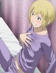  blonde_hair blush green_eyes groin haruyama_kazunori kon_futaba pajamas short_hair solo soredemo_machi_wa_mawatteiru 