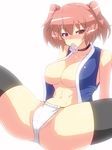  arm_support bad_id bad_pixiv_id bare_shoulders blush breasts cleavage condom condom_in_mouth hair_bobbles hair_ornament highres large_breasts meicha mouth_hold navel no_bra onozuka_komachi open_clothes panties red_eyes red_hair short_hair shy sitting solo spread_legs thighhighs thighs touhou two_side_up underwear vest 