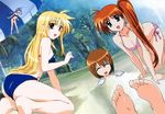  4girls ahoge ass barefoot bent_over bikini blonde_hair blue_eyes blue_hair blush breasts brown_hair buried cleavage eyes_closed fate_testarossa feet happy long_hair looking_back lyrical_nanoha mahou_shoujo_lyrical_nanoha mahou_shoujo_lyrical_nanoha_strikers minigirl multiple_girls okuda_yasuhiro outdoors ponytail purple_eyes red_eyes reinforce_zwei sand seashell shell shell_bikini short_hair side-tie_bikini side_ponytail swimsuit takamachi_nanoha toes yagami_hayate 