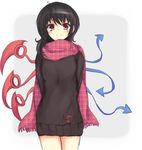  akisa alternate_costume asymmetrical_wings bad_id bad_pixiv_id black_hair contemporary dress houjuu_nue plaid plaid_scarf red_eyes scarf short_hair solo sweater sweater_dress thighs touhou wings 