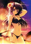  1girl absurdres bikini black_hair blush breasts erect_nipples flower front-tie_top hair_flower hair_ornament highres large_breasts lens_flare long_hair lyrical_lyric mikeou palm_tree purple_eyes purple_hair ribbon side-tie_bikini sky solo sunset swimsuit takami_rin tree 