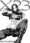  black_hair breasts claws greyscale large_breasts leather marvel midriff monochrome navel solo x-23 x-men yuri_ai 