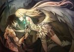  1girl absurdres angel_wings bandages black_hair blonde_hair blood dark feathers floating_hair from_side haimerejzero highres injury long_hair original outdoors pointy_ears profile siren_(mythology) sitting tattoo thigh_strap very_long_hair wind wings 