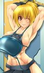  abs alop-net armor armpits bad_id bad_pixiv_id bamboo_blade blonde_hair bougu breasts brown_eyes chiba_kirino cleavage highres large_breasts midriff muscle one_eye_closed smile solo 