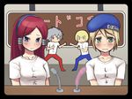  2boys 2girls arc_system_works bangs beret blazblue blazblue:_calamity_trigger blazblue:_continuum_shift blonde_hair blue_eyes condom female green_eyes grey_hair hairband hat heterochromia jin_kisaragi kisaragi_jin long_hair male microphone multiple_boys multiple_girls noel_vermillion okacyu ragna_the_bloodedge red_eyes red_hair short_hair tsubaki_yayoi 