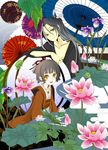  1girl bad_id bad_pixiv_id egasumi flower frog highres iris_(flower) japanese_clothes kimono lotus oriental_umbrella original sakisato_kiriko umbrella 