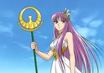  80s araki_shingo athena female gold himeno_michi jewelry kido_saori kidou_saori long_hair lots_of_jewelry oldschool outdoors purple_hair saint_seiya saori_kido sky solo very_long_hair 