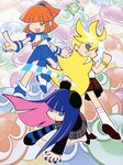  3girls arle_nadja back_lace chuck chuck_(psg) crossover gun highres madou_monogatari multiple_girls panty_&amp;_stocking_with_garterbelt panty_(character) panty_(psg) puyopuyo school_uniform smile stocking_(character) stocking_(psg) stripes_i_&amp;_ii sword weapon wink 