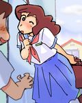  1boy 1girl bag blush brown_hair crayon_shin-chan finger_to_mouth happy long_hair long_skirt lowres milf naughty_face nohara_misae open_mouth pleated_skirt school_bag school_uniform serafuku short_hair skirt smile wink younger 