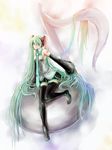  boots detached_sleeves green_eyes green_hair hatsune_miku headset highres long_hair musclecar musical_note necktie sitting skirt solo thigh_boots thighhighs twintails very_long_hair vocaloid 