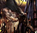  1boy abs blood chains commentary_request fire gloves hat helmet male_focus monster muscle pyramid_head shimita_(erode) shirtless silent_hill silent_hill_(movie) solo 