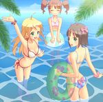  amami_haruka ass ball beachball bikini blush bracelet breasts chikuwa_(kakidamari) cleavage closed_eyes frills hair_ribbon hoshii_miki idolmaster idolmaster_(classic) innertube jewelry leaf looking_back medium_breasts multiple_girls o-ring o-ring_top outstretched_arm polka_dot polka_dot_bikini polka_dot_swimsuit ribbon see-through side-tie_bikini smile swimsuit takatsuki_yayoi wading water 