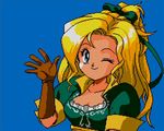  1girl adult blonde_hair blue_background castlevania castlevania:_rondo_of_blood castlevania:_symphony_of_the_night happy long_hair looking_at_viewer lowres maria_renard older parody rondo_of_blood simple_background smile solo style_parody symphony_of_the_night wink 