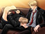  2boys arms_behind_back ass bent_over blonde_hair blush censored couch cum eyes_closed fellatio formal glasses kichiku_megane multiple_boys oral restrained saeki_katsuya selfcest suit top-down_bottom-up top_down_bottom_up yaoi 