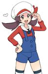  bow brown_eyes brown_hair hat hat_bow hat_ribbon heart kotone_(pokemon) open_mouth overalls pokemon pokemon_(game) pokemon_hgss red_ribbon ribbon shorts simple_background solo source_request tamagoroo_(funifuni_labo) thighhighs twintails white_background 