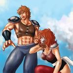  1boy 1girl abs aquila_marin breasts cleavage leather_armor leo_aiolia lowres mask muscle saint_seiya 