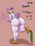  accessory anthro avian big_breasts big_butt bird bird_feet bow_ribbon breasts butt camel_toe chicken claws clothing dialogue eyelashes facial_markings feathers female five_nights_at_freddy&#039;s five_nights_at_freddy&#039;s:_security_breach galliform gallus_(genus) glamrock_chica_(fnaf) green_clothing green_legwear hair_accessory hair_bow hair_ribbon head_feathers head_markings head_tuft hi_res jeinsx legwear leotard looking_back markings phasianid pink_background pink_bow pink_clothing pink_leotard purple_claws purple_eyes purple_talons rear_view ribbons scottgames simple_background solo tail_feathers talons text thick_thighs tongue tongue_out tuft undressing video_games white_body white_feathers wide_hips 