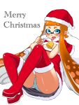  1girl bangs bell blue_eyes blue_panties blunt_bangs blush boots capelet christmas commentary dress english_text fang floating fur-trimmed_capelet fur-trimmed_dress fur_trim hat highres holding holding_sack inkling inkling_girl long_hair looking_at_viewer merry_christmas neck_bell open_mouth orange_hair over_shoulder panties pantyshot penguin_maru_(penginmaru) pointy_ears red_capelet red_dress red_footwear sack santa_boots santa_dress santa_hat short_dress simple_background smile solo splatoon_(series) strapless strapless_dress striped striped_panties thigh_boots underwear very_long_hair white_background 