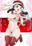  1girl areola_slip arm_up bangs bikini black_hair boots breasts brown_eyes candice_(pokemon) capelet christmas commentary cursive english_text fur-trimmed_capelet fur_trim gloves groin hair_ornament halterneck hat highres holding holding_sack large_breasts leg_up long_hair low_twintails makoto_daikichi merry_christmas multi-tied_hair navel open_mouth over_shoulder pokemon pokemon_(game) pokemon_dppt red_bikini red_capelet red_footwear red_gloves red_headwear red_thighhighs sack santa_boots santa_gloves santa_hat side-tie_bikini_bottom smile snowflake_print snowflakes snowing solo standing standing_on_one_leg string_bikini swept_bangs swimsuit thighhighs twintails 