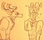  angry annoyed annoyed_expression anthro antlers beastars bovid caprine cervid clothed clothing dall_sheep duo eyes_closed fully_clothed gesture horn louis_(beastars) male male/male mammal narrowed_eyes open_mouth pina_(beastars) sheep sparkles wuffinarts 