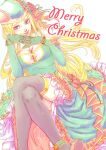  1girl blonde_hair blue_eyes breasts christmas detached_sleeves dress feet_out_of_frame freya_(valkyrie_profile) gloves green_headwear hat jill88bban long_hair looking_at_viewer merry_christmas simple_background skirt smile solo thighhighs valkyrie_profile white_background 