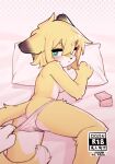 anthro blush breasts canid canine canis clothed clothing condom crayon_(artist) domestic_dog female fur hi_res looking_at_viewer lying mammal on_front panties panties_only panties_pull pillow sexual_barrier_device topless underwear underwear_only white_body white_fur yellow_body yellow_fur 