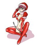  1girl blue_eyes breasts christmas chrono_trigger full_body glasses gloves hat looking_at_viewer lucca_ashtear mik_mikako navel one_eye_closed purple_hair pursed_lips santa_hat short_hair simple_background solo swimsuit thighhighs whip white_background 