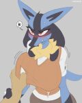  2022 ambiguous_gender anthro big_breasts blue_body breast_grab breasts clothing cooliehigh digital_media_(artwork) female female/ambiguous generation_4_pokemon grey_background hand_on_breast hi_res huge_breasts lucario nintendo pokemon pokemon_(species) simple_background video_games 