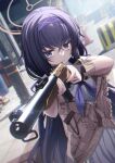  1girl blue_archive blurry blurry_background brown_sweater closed_mouth de_lisle_carbine gun hair_between_eyes hairband halo highres holding holding_gun holding_weapon light_smile long_hair outdoors purple_eyes purple_hair purple_hairband skirt smile solo sweater ui_(blue_archive) weapon white_skirt xaiqi 
