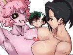  ashido_mina black_hair ejaculation female female/female green_hair group hair horn horned_humanoid human humanoid izuku_midoriya male male/female mammal momo_yaoyorozu my_hero_academia nude one_eye_closed pink_body pink_hair pink_skin simple_background smile trio white_background 