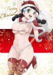  1girl arm_up bangs bikini black_hair boots breasts brown_eyes candice_(pokemon) capelet christmas commentary cursive english_text fur-trimmed_capelet fur_trim gloves groin hair_ornament hat highres holding holding_sack large_breasts leg_up long_hair low_twintails makoto_daikichi merry_christmas multi-tied_hair nipple_cutout nipples open_mouth over_shoulder pokemon pokemon_(game) pokemon_dppt pussy_cutout red_capelet red_footwear red_gloves red_headwear red_thighhighs sack santa_boots santa_gloves santa_hat side-tie_bikini_bottom smile snowflake_print snowflakes snowing solo standing standing_on_one_leg string_bikini swept_bangs swimsuit thighhighs twintails 