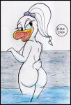  accessory anatid anseriform anthro avian bill_(disambiguation) bird breasts butt daisy_duck disney duck feathers female hair hair_accessory looking_back nude ponytail poolside reddragonkan solo traditional_media_(artwork) water 