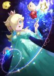  1girl aqua_dress aqua_eyes blonde_hair blue_dress breasts cross cross_earrings crown dress earrings hair_over_one_eye highres jewelry long_hair long_sleeves luma_(mario) mario_(series) mini_crown off-shoulder_dress off_shoulder parted_lips purple_nails rosalina star_(symbol) star_earrings star_wand super_mario_galaxy yamanashi_taiki 