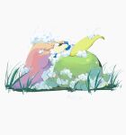  0_ici_0 blush_stickers closed_eyes ditto foam grass gulpin highres holding lying no_humans pokemon pokemon_(creature) signature smile soap_bubbles washing white_background 