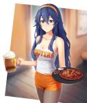  1girl absurdres alaskastomatoez bangs beer_mug black_pantyhose blue_eyes blue_hair breasts cleavage closed_mouth clothes_writing commentary commission cowboy_shot cup employee_uniform english_commentary fire_emblem fire_emblem_awakening food hair_between_eyes hairband highres holding holding_cup holding_tray hooters long_hair looking_at_viewer lucina_(fire_emblem) medium_breasts mug orange_hairband orange_shorts pantyhose pantyhose_under_shorts shirt short_shorts shorts sleeveless sleeveless_shirt smile solo tank_top tray uniform waitress white_shirt 