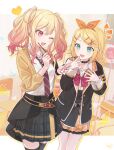  2girls :d absurdres bangs belt blazer blonde_hair blue_eyes blush bow bowtie classroom collared_shirt fang flipped_hair food frilled_skirt frills gradient_hair hair_bow hair_ornament hairband hairclip hand_on_own_chest heart highres holding holding_food holding_pocky jacket kagamine_rin layered_skirt long_hair long_sleeves looking_at_another loose_bowtie multicolored_hair multiple_girls nail_polish necktie one_eye_closed open_clothes open_jacket open_mouth parted_bangs pink_hair plaid plaid_skirt pleated_skirt pocky project_sekai school_uniform shirt shirt_tucked_in skirt sleeve_cuffs smile striped_necktie studded_choker tenma_saki thighhighs twintails vocaloid vs0mr wrapper 