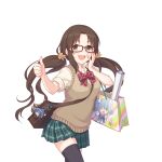  1girl bag brown_hair glasses holding holding_bag long_hair nanaka_(princess_connect!) official_art poster_(object) princess_connect! school_bag school_uniform thumbs_up transparent_background twintails 