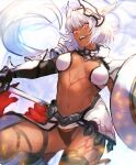  1girl animal_ears armor bangs bikini black_bikini black_gloves black_thighhighs body_markings breasts caenis_(fate) cape dark-skinned_female dark_skin elbow_gloves fate/grand_order fate_(series) faulds gauntlets gloves greaves headpiece highres large_breasts long_hair looking_at_viewer navel open_mouth otsukemono pauldrons polearm red_cape red_eyes revision shield shoulder_armor smile solo spear swimsuit tattoo thighhighs very_long_hair waist_cape weapon white_bikini white_hair 