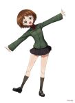  1girl alternate_costume bangs black_footwear black_skirt black_socks blue_eyes brown_hair commentary_request full_body girls_und_panzer green_jacket jacket loafers long_sleeves looking_at_viewer miniskirt open_mouth outstretched_arms partial_commentary pleated_skirt pravda_school_uniform realeyes_mondogrosso red_shirt sakaguchi_karina school_uniform shirt shoes short_hair simple_background skirt smile socks solo spread_arms standing turtleneck white_background 