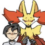  anthro clothing delphox duo female generation_6_pokemon hi_res human looking_at_viewer male mammal nintendo pokemon pokemon_(species) smile smiling_at_viewer uncomfortable video_games yarney 