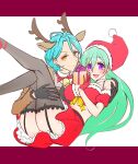  1boy 1girl animal_ears antlers bangs bell belt black_belt black_thighhighs blazer blue_hair bow brown_jacket carrying commentary crop_top deer_ears dress_shirt ensemble_stars! fake_animal_ears fake_antlers fur-trimmed_shirt fur_trim garter_straps genderswap genderswap_(mtf) gift gloves green_hair hair_between_eyes hat high_collar highres himeru_(ensemble_stars!) holding holding_gift jacket kazehaya_tatsumi lace-up_thighhighs letterboxed long_hair midriff miniskirt navel neck_bell neck_ribbon off-shoulder_shirt off_shoulder princess_carry purple_eyes red_gloves red_headwear red_ribbon red_shirt red_skirt reindeer_antlers ribbon santa_costume santa_hat shirt skirt takemoto thighhighs white_shirt yellow_bow yellow_eyes 