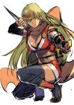  1girl aduti_momoyama bangs black_thighhighs breasts cleavage closed_mouth fire_emblem fire_emblem:_the_binding_blade fire_emblem_heroes green_eyes headband highres igrene_(fire_emblem) katana kunai large_breasts light_green_hair long_hair looking_at_viewer official_alternate_costume orange_scarf ribbon-trimmed_legwear ribbon_trim scarf simple_background smile solo squatting sword thighhighs tiptoes very_long_hair weapon white_background zouri 