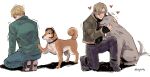  2boys back dog headset heart highres jacket james_sunderland kneeling leon_s._kennedy mira_(silent_hill) multiple_boys petting resident_evil resident_evil_4 shiba_inu silent_hill_(series) silent_hill_2 simple_background tail tail_wagging tirtyturtle tongue tongue_out trembling 