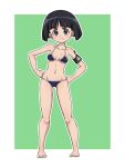  1girl armband bangs barefoot bikini black_eyes black_hair blunt_bangs blunt_ends bob_cut breasts closed_mouth commentary frown full_body girls_und_panzer green_background groin halterneck hands_on_hips looking_at_viewer navel outline outside_border short_hair small_breasts solo sono_midoriko standing swimsuit takahashi_kurage white_outline 