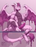  anthro balls beckoning blue_eyes claws dragon dripping erection forked_tongue genitals gesture goo_creature hi_res horn knot male one_eye_closed pink_body raised_finger raised_index_finger sitting slime solo theros_the_dragon thesecretcave tongue tongue_out wings 