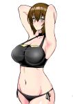  1girl absurdres armpits arms_behind_head arms_up bangs bikini black_bikini blush breasts brown_eyes brown_hair closed_mouth commentary cowboy_shot girls_und_panzer groin halterneck highres large_breasts light_frown looking_at_viewer navel nishizumi_maho short_hair side-tie_bikini_bottom simple_background solo standing swimsuit white_background yuusha 