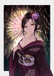  1girl black_kimono breasts brown_hair cleavage closed_mouth fireworks flower hair_flower hair_ornament hand_on_own_chest highres japanese_clothes kanzashi kimono long_hair looking_at_viewer mole mole_on_neck namiura nijisanji obi obiage obijime off_shoulder orange_eyes sash shirayuki_tomoe smile solo upper_body virtual_youtuber 