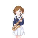  1girl akari_(princess_connect!) blue_jacket brown_hair holding holding_instrument instrument jacket medium_hair official_art one_eye_closed princess_connect! saxophone school_uniform skirt white_skirt 