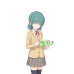  1girl aoi_(princess_connect!) aoi_(real)_(princess_connect!) black_thighhighs green_hair hair_over_eyes holding holding_watering_can jacket medium_hair necktie official_art princess_connect! red_necktie school_uniform skirt tachi-e thighhighs transparent_background watering_can 