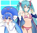  +_+ 2girls :3 absurdres ahoge ass_visible_through_thighs bangs bikini blue_eyes blue_hair blush bow coat eel_hat fish fur-trimmed_coat fur_trim hair_bow hands_on_own_cheeks hands_on_own_face hatsune_miku highres holding jewelry long_hair long_sleeves low_twintails multiple_girls navel necklace octopus_hair_ornament off_shoulder otomachi_una ribs side-tie_bikini_bottom strap_pull striped striped_bikini sukenoota swimsuit twintails very_long_hair vocaloid 